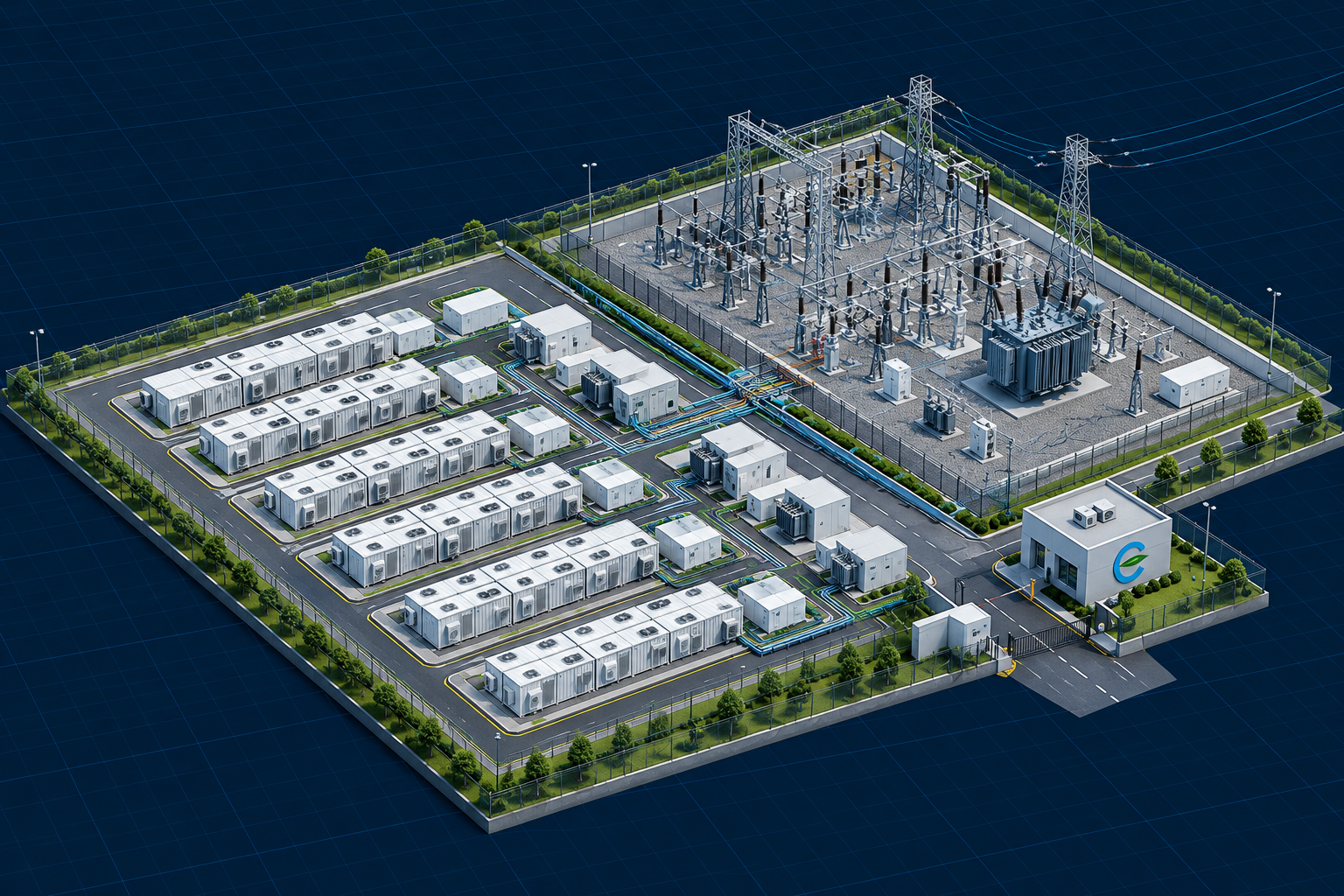 Isometric reference design of a grid-scale battery energy storage facility: rows of BESS containers with inverter and transformer skids, MV cable routes running to an adjacent air-insulated substation with power transformers and transmission takeoff, plus a control building and secured site access.